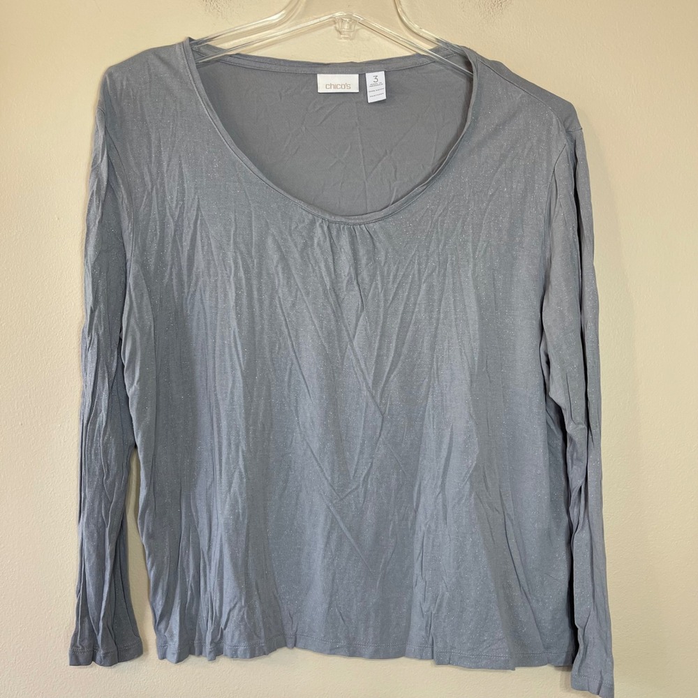 Chicos Grey Metallic Shimmer Long Sleeve Scoop Neck Rayon Top Size 3 XL